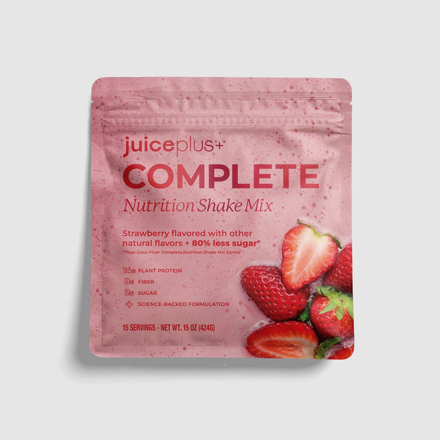 Juice Plus+ Complete Nutrition Shake Mix package with strawberry flavor on a light gray background