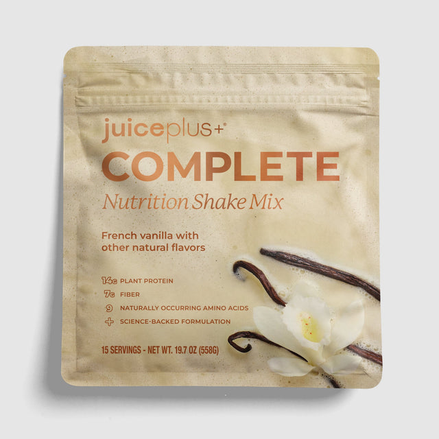 Package of Juice Plus+ Complete French Vanilla shake mix on a light gray background