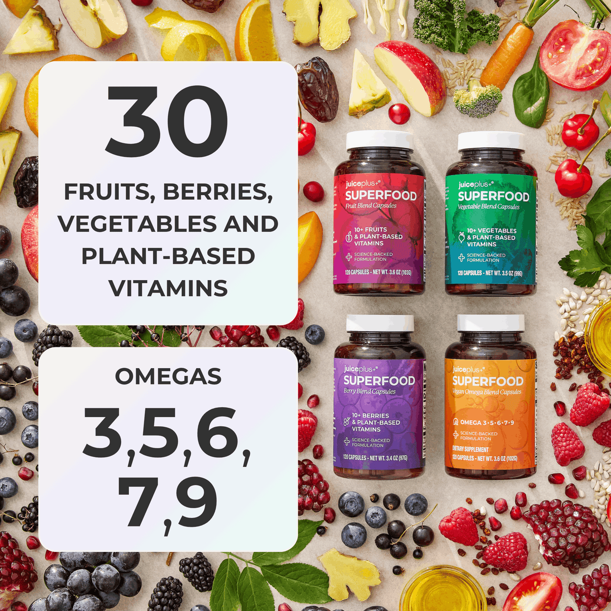 Cápsulas de Mezcla de Frutas, Vegetales, Bayas y Vegan Omega