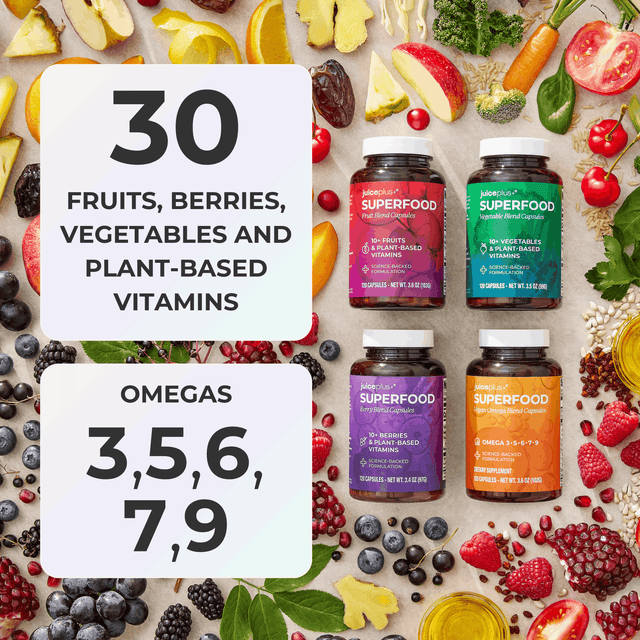 Cápsulas de Mezcla de Frutas, Vegetales, Bayas y Vegan Omega
