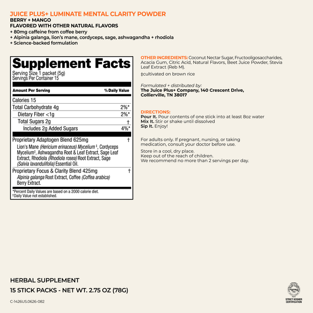 A supplement facts label for Juice Plus+ Luminated Mental Clarity Powder in Berry and Mango flavor, shown on a white background with product text above. The label includes serving size, calories, nutrients, directions, and company information for The Juice Plus+ Company.