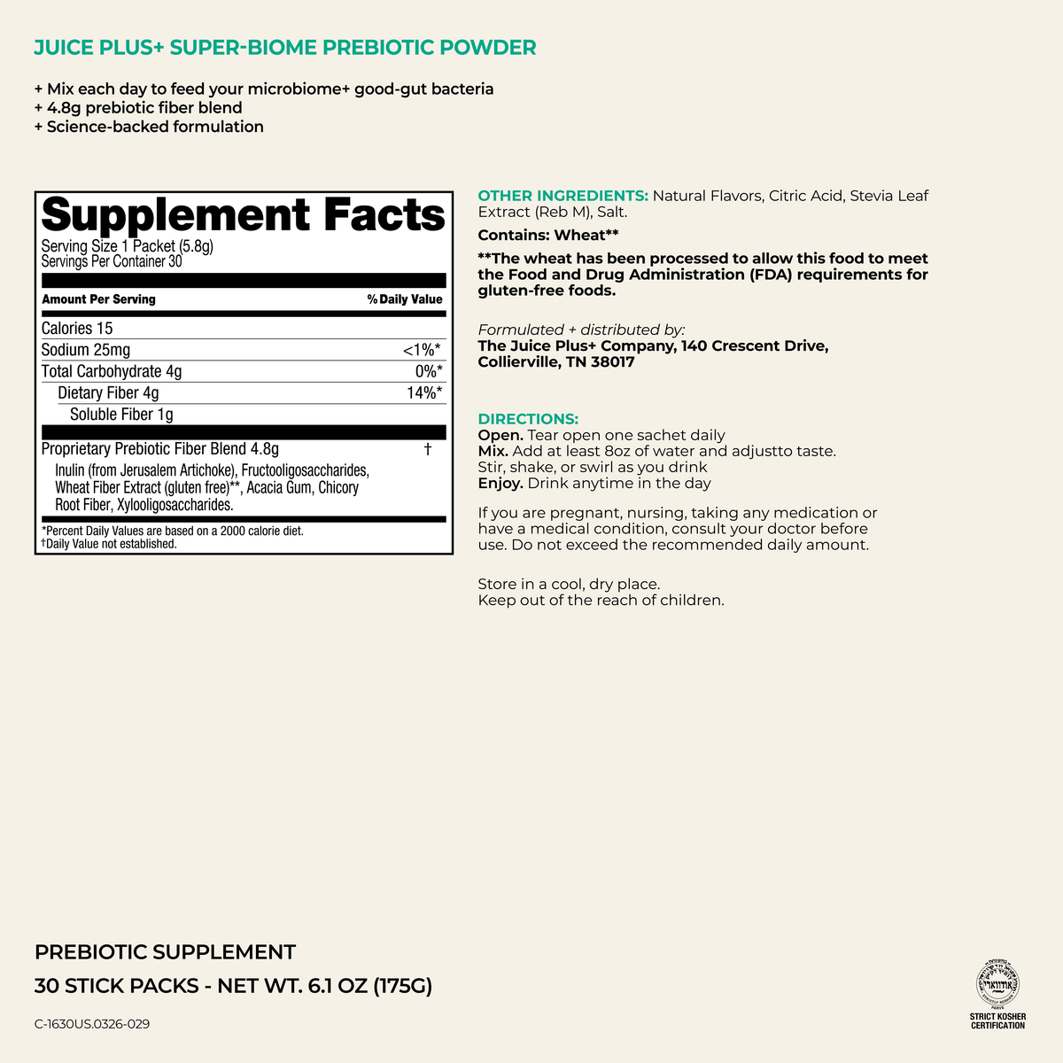A product information card for Juice Plus+ Super-Biome Prebiotic Powder, showing the supplement facts, directions, and a warning label on a white background.