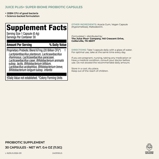 A supplement facts label for JUICE PLUS+ SUPER-BIOME PROBIOTIC CAPSULES, showing serving size, daily value information, directions, and product details on a light beige background with black text.