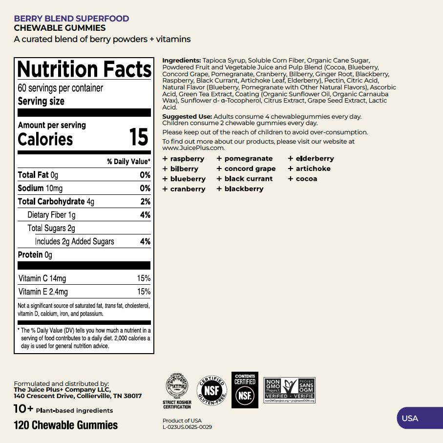 Nutrition facts label for berry blend superfood chewable gummies on a white background